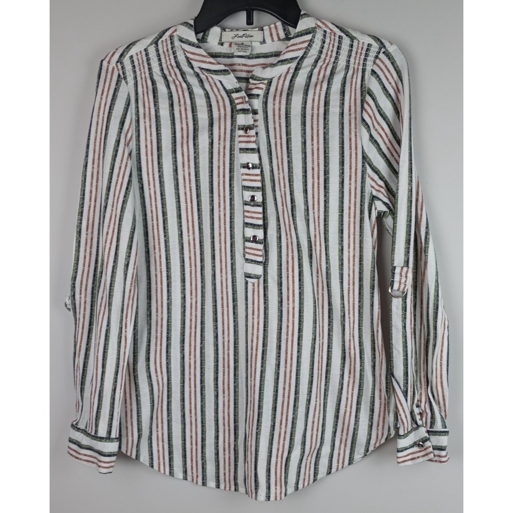 Love Potion Womens M White Green Brown Striped Silver Buttons Long Sleeve Blouse